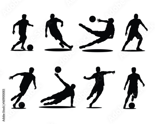 Vector illustration set of eight isolated football player silhouettes in dynamic poses on a white background.