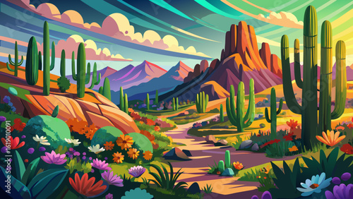 
The beautiful, colorful desert hillside during springtime in Tucson, Arizona, USA blooms with wildflowers beneath clear skies. Semi-realistic vector style captures cactus shadows, bright blossoms, an