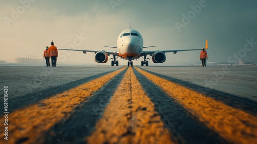 Airplane prepares for takeoff as ground crew oversees operations on a foggy day at a busy airport runway