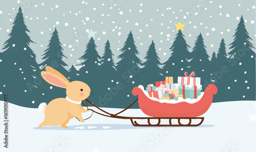 Cute bunny pulls sleigh full of gifts through snowy forest, spreading holiday cheer and festive spirit.