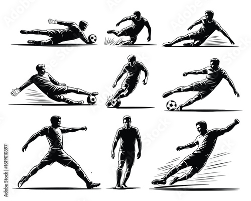 Dynamic Soccer Player Silhouettes in Navy Blue on White Background