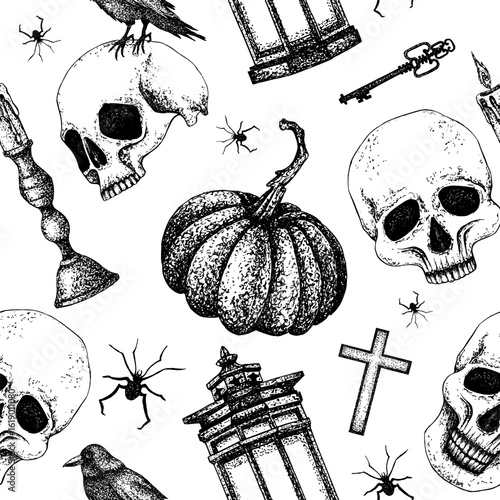 Halloween seamless pattern with pumpkin, skulls, crow, vintage lantern and candelabrum, cross, spider. Graphic illustration with white background. Vector for textile, packaging, autumn decoration