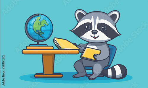 Cute raccoon with books and globe, eager to learn and explore the world