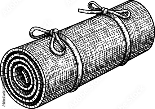 Rolled beach mat icon with tie straps in hand-drawn style