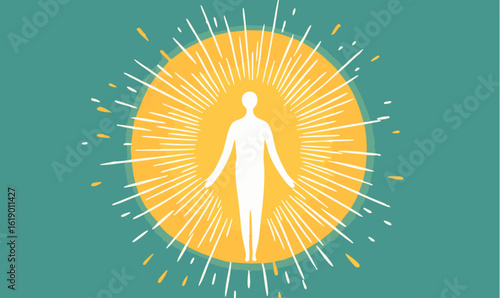 Radiant human silhouette bathed in golden sunbeams, symbolizing inner peace and vibrant energy