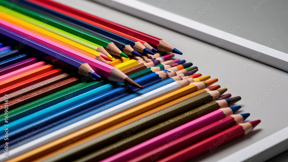 Fototapeta premium Array of colored pencils offers a vibrant spectrum for artistic needs.
