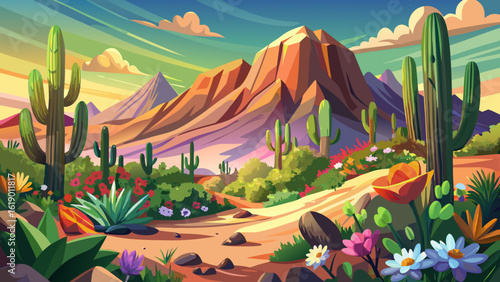 
The beautiful, colorful desert hillside during springtime in Tucson, Arizona, USA blooms with wildflowers beneath clear skies. Semi-realistic vector style captures cactus shadows, bright blossoms, an
