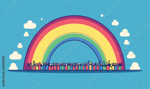 Joyful crowd celebrates under vibrant rainbow, symbolizing hope, unity, and community spirit