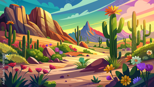 
The beautiful, colorful desert hillside during springtime in Tucson, Arizona, USA blooms with wildflowers beneath clear skies. Semi-realistic vector style captures cactus shadows, bright blossoms, an