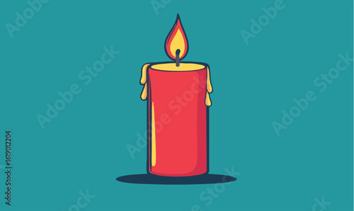 Warm red candle with vibrant flame and dripping wax casts a comforting glow on a serene teal background