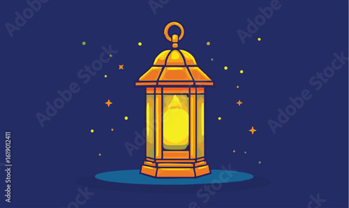 Warm glowing lantern illuminates festive night sky with scattered stars and subtle moonlit glow