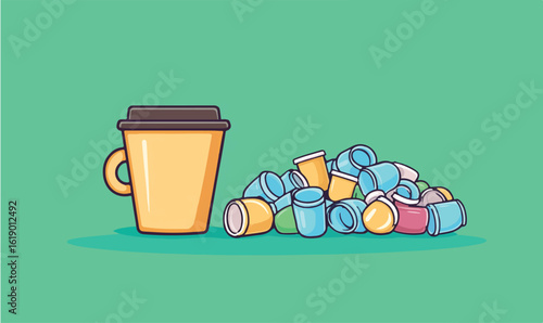 Single coffee cup beside pile of discarded disposable cups, symbolizing waste and consumption