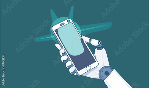 Robotic hand expertly holds smartphone, suggesting future tech, AI, and automation in travel and connectivity