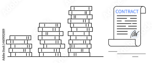 Stacks of rising coins next to a rolled signed contract, representing finance, success, investment, wealth, agreements, savings, and business planning. Ideal for economics banking negotiation