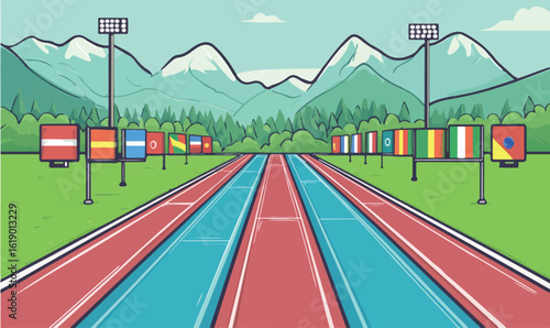 International track event with flags and mountain views evokes feelings of athleticism and competition