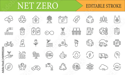 Net Zero Icon Set | Editable Stroke Symbols for Sustainability and Green Energy