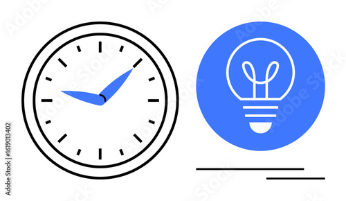 Analog clock with blue hands next to blue lightbulb. Ideal for time efficiency, creativity, productivity, innovation, business strategy, time management, teamwork. Perfect for a simple landing page