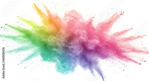 Rainbow Dust Explosion on White Background Colorful Powder Burst