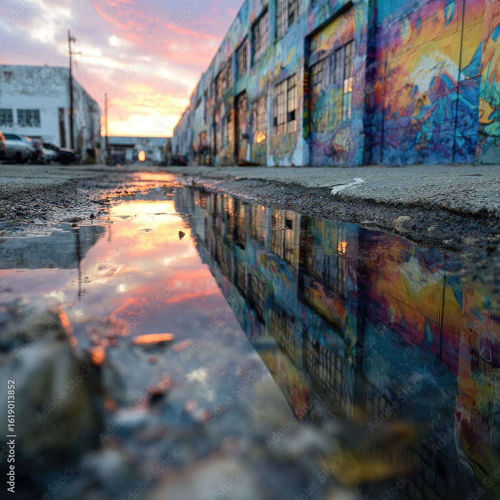Fototapeta premium Sunset reflection in urban puddle, graffiti wall, street art, city alley, industrial area
