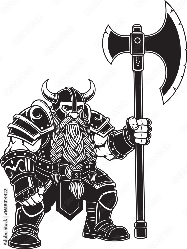 Obraz premium Black and white illustration of a fierce dwarf warrior with a large axe