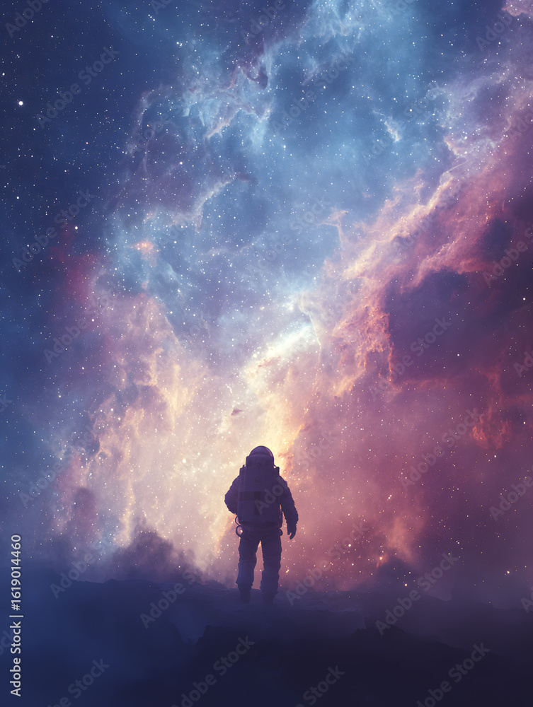 Fototapeta premium Astronaut Contemplating a Vibrant Nebula in Space