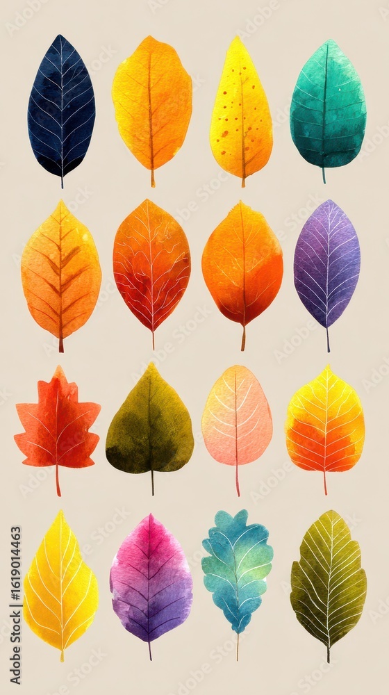 Obraz premium Beautiful collection of autumn leaves in various colors and shapes on a neutral background