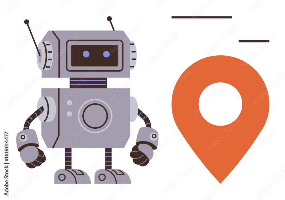 Fototapeta premium Robot with antennae and a digital face standing beside a large orange map pin. Ideal for technology, robotics, AI, navigation, innovation, location tracking, futuristic concepts. Simple flat metaphor