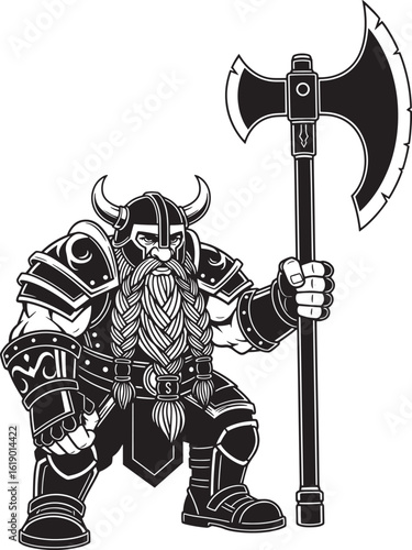 Black and white illustration of a fierce dwarf warrior with a large axe