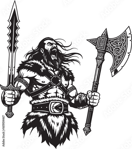 Black and white illustration of a roaring barbarian warrior with axe and sword