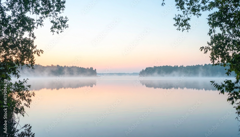 Fototapeta premium 夜明けの静かな湖に霧が漂い、淡い水彩風の樹木とパステル色の空が織りなす穏やかな自然風景とテキスト空間を捉えた写真