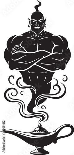 Black silhouette of a muscular genie emerging from an oil lamp