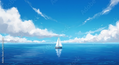 Sailing Boat on Open Water Under Blue Sky with Clouds Peaceful Ocean Voyage