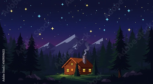 A tranquil pixel art scene of a secluded log cabin glowing in a mountain forest under a vast, starry night sky