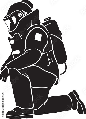 Black silhouette of a person in a bomb disposal suit kneeling