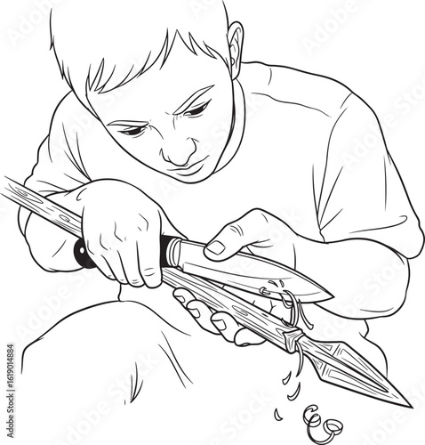 Boy carving a wooden spear with a knife child
