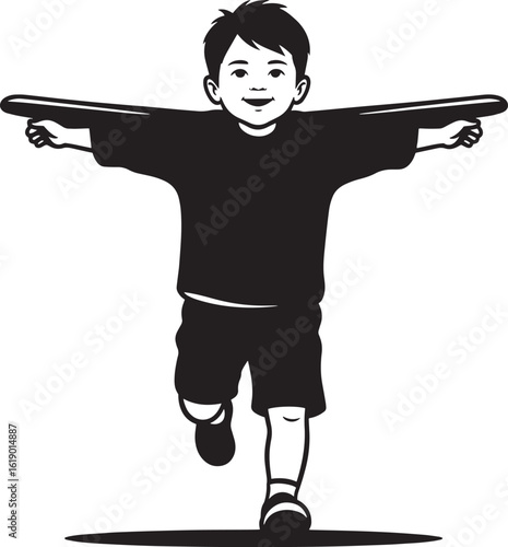 Boy running with arms outstretched holding a frisbee