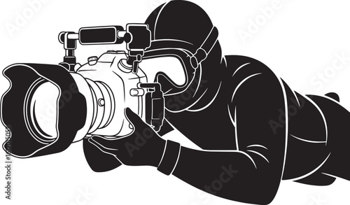 Diver holding underwater camera with lights photography