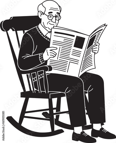 Elderly man reading newspaper in rocking chair vector