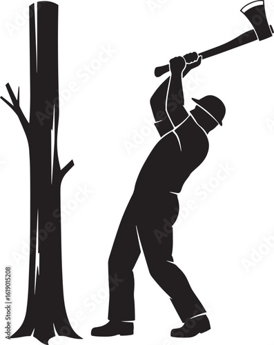 Lumberjack swinging axe at tree silhouette chopping