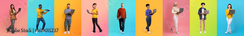 A collection of full-length portraits features a diverse group of individuals interacting with laptops and other devices.