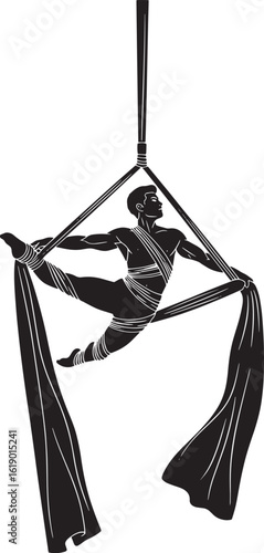 Male aerialist performing on fabric silks acrobat athlete