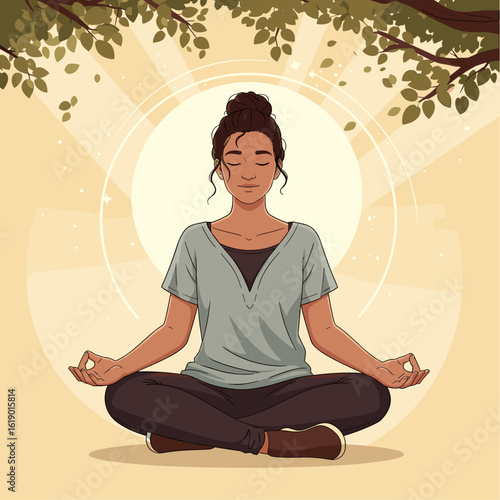 Woman meditating in nature yoga and mindfulness for mental wellness art