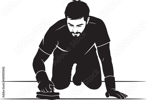 Man kneeling applying grout with a trowel vector