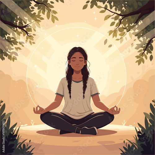 Woman meditating in nature peaceful mindful meditation zen yoga wellness