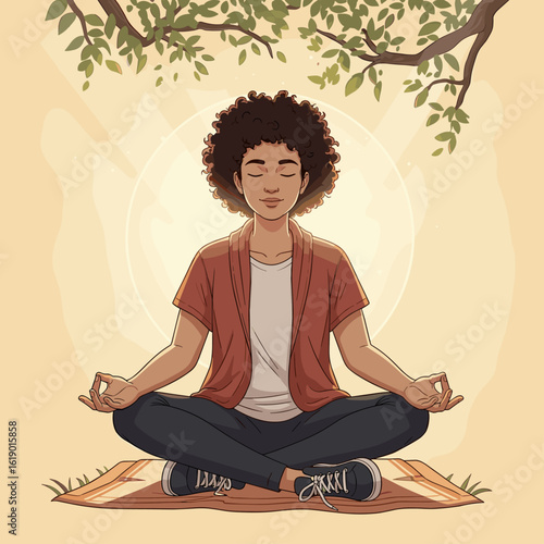 Woman meditating outdoors illustration for mindfulness and relaxation