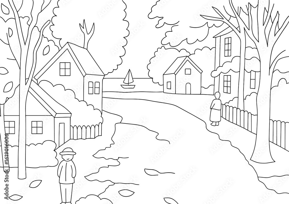 Obraz premium Coloring page of autumn scene with houses, trees, and people walking