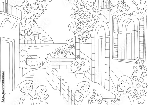 Wallpaper Mural Coloring page of italian village street scene with children illustration Torontodigital.ca