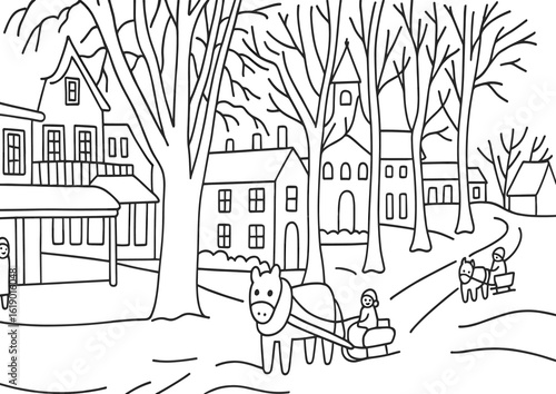 Winter village coloring page with horse drawn sleigh ride activity