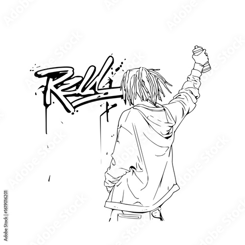 Graffiti art with spray paint can and dreadlocks street artist drawing urban style design vector illustration