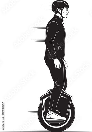 Man riding black unicycle with motion lines white